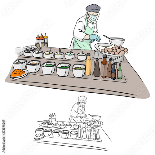 chef with face shield cooking food in restaurant vector illustration sketch doodle hand drawn with black lines isolated on white background