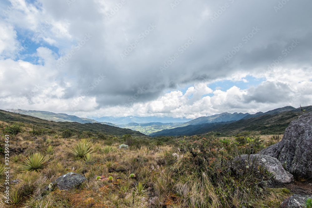 Choachi, Colombia Landscape of Colombian Andean mountains showing paramo type vegetation. Park Called Paramo Matarredonda near Bogota
