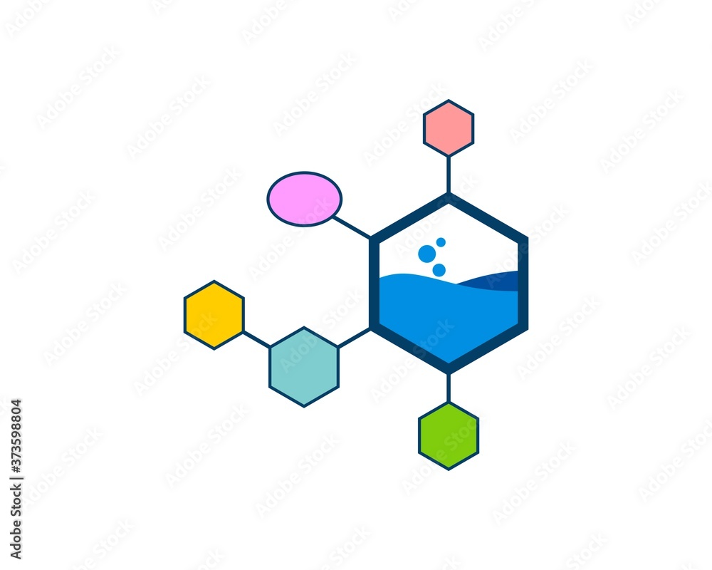 Hexagonal shape with water inside and colorful molecule
