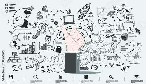  businessman Thumbs Up and Plan think analyze creative startup business. illustration Creativity modern Idea and Concept Vector Infographic template.