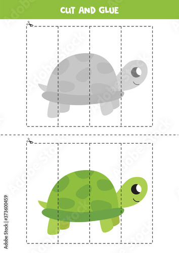 Cut and glue game for kids. Cute cartoon green turtle.