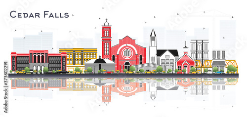 Cedar Falls Iowa Skyline with Color Buildings and Reflections Isolated on White.
