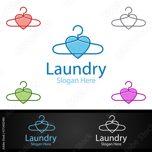 Love Laundry Dry Cleaners Logo with Clothes, Water and Washing Concept
