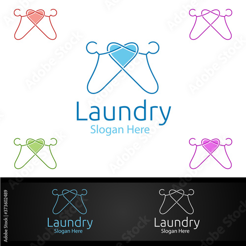 Love Laundry Dry Cleaners Logo with Clothes, Water and Washing Concept