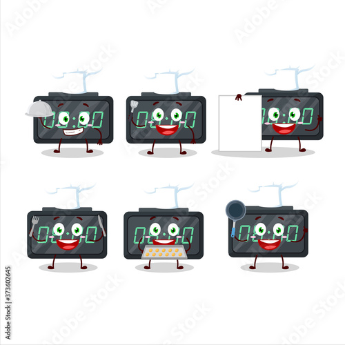 Cartoon character of digital alarm clock with various chef emoticons