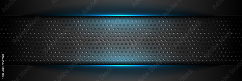 Futuristic perforated technology abstract background with blue neon glowing lines. Vector concept banner design - obrazy, fototapety, plakaty 