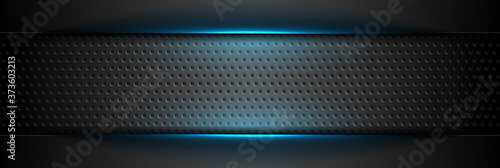 Futuristic perforated technology abstract background with blue neon glowing lines. Vector concept banner design