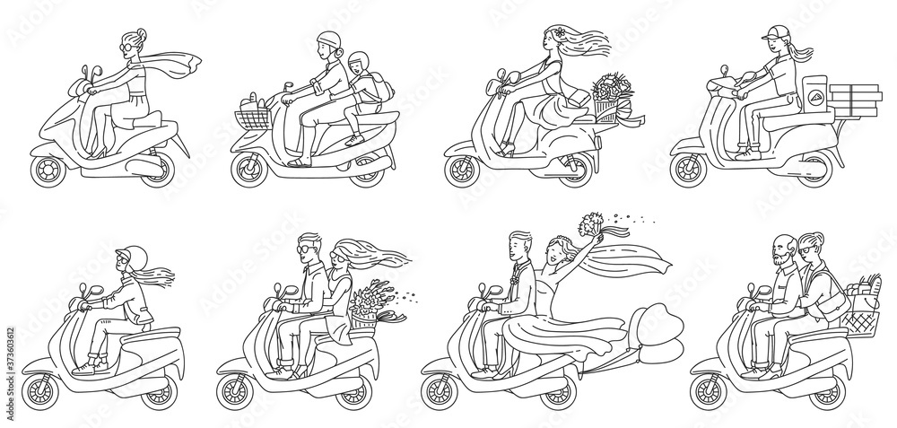 Cartoon people riding scooters - flat colorless set of couples and others Cartoon people riding scooters - flat colorless set of couples and others