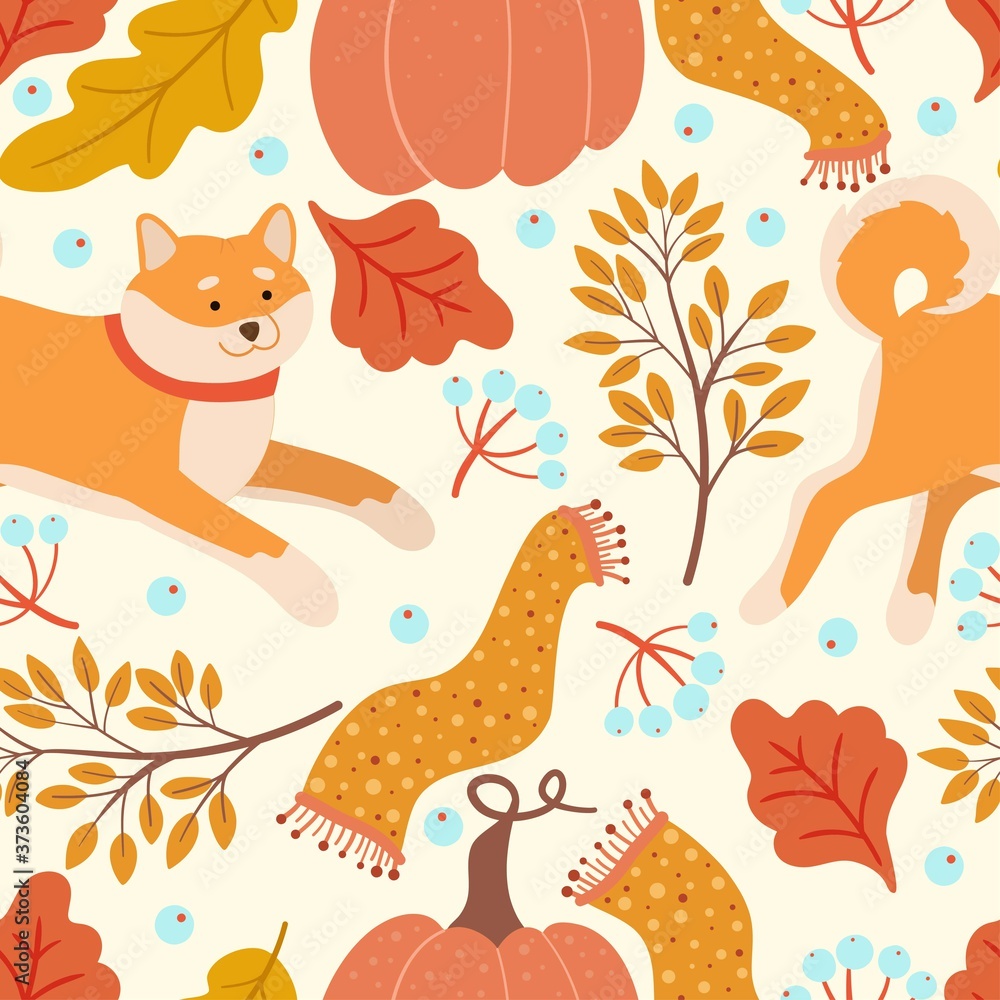 Fototapeta premium Cute animals and autumn leaves seamless pattern. Bright childish print. Vector background for wallpaper, wrapping, textile.
