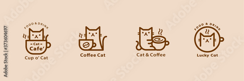 Lovely cat cafe line style logo set