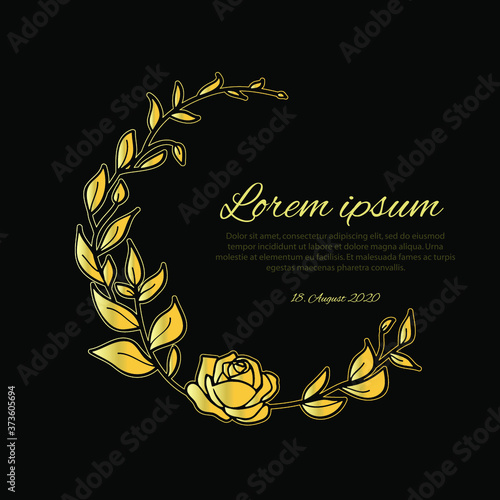 Funeral card template golden wreath made from leafs and rose on black background. Vector illustration.