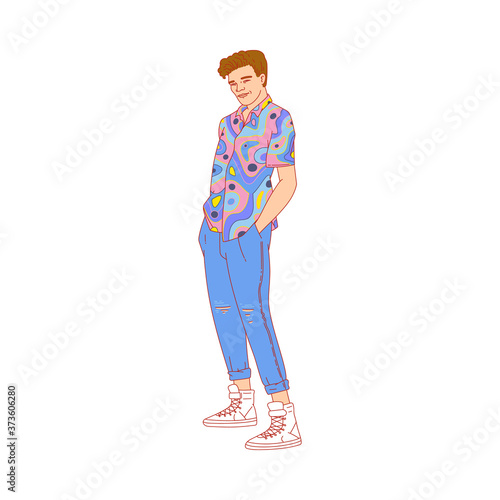 Man wearing clothes in 80s or 90s style, sketch vector illustration isolated.
