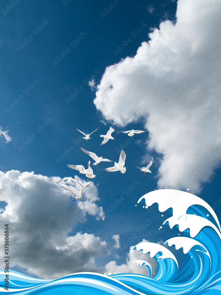 Fototapeta premium Seagulls flying over high ocean waves set against a cloudy blue sky