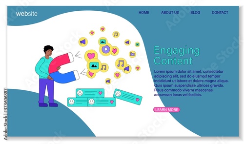 Engaging content website template. A man attracts social media likes with a magnet. Flat vector illustration