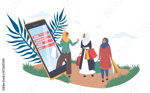 Happy muslim women shopping online, flat vector illustration. Tiny arab girls in traditional arabic dress, hijab leaving big smartphone internet store with shopping bags. Mobile marketing, e-commerce.