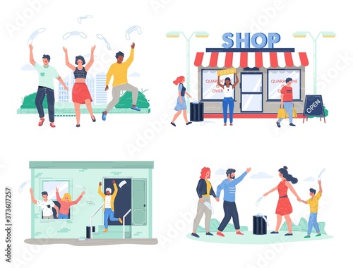 End of coronavirus quarantine scene set, vector flat illustration. Open store. Happy people leaving house, walking outdoors, removing face masks throwing them away. Quarantine is over, shop reopening.
