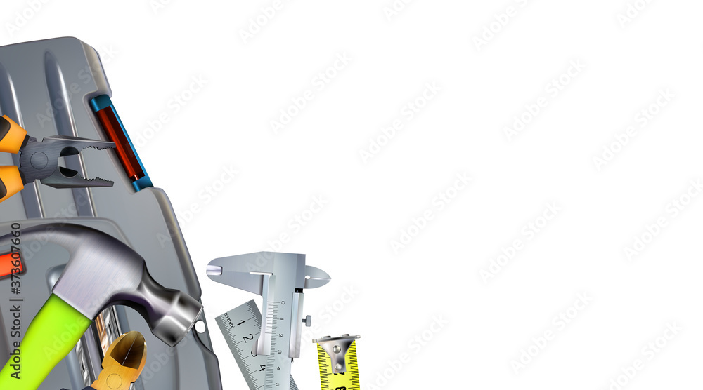 Realistic corner composition on the theme of assembler or locksmith skill. Craft hand metal processing. 3d tools of metalworking isolated on white background. Illustration copy-space. Realistic corner composition on the theme of assembler or locksmith skill. Craft hand metal processing. 3d tools of metalworking isolated on white background. Illustration copy-space.