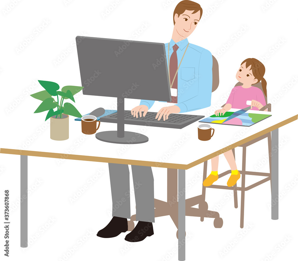娘を子連れ出勤で働く父親。ワークライフバランス 娘を子連れ出勤で働く父親。ワークライフバランス
