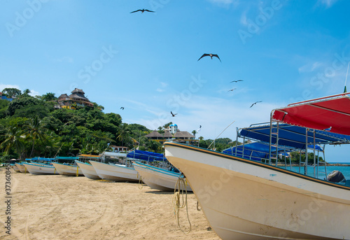 Lanchas pangas mexicanas playa barcos navíos naves  barca embarcaciones acuático turismo pescadores costa mexico nayarit gaviotas paseo pesca turístico spring break riviera nayarit  mar arena sol  photo