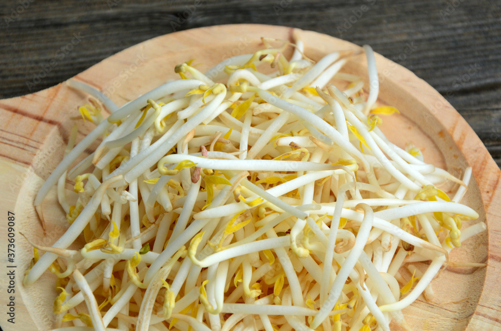 Fresh bean sprout or the sprout of mung bean in wooden tray on wooden background. Fresh bean sprout or the sprout of mung bean in wooden tray on wooden background.
