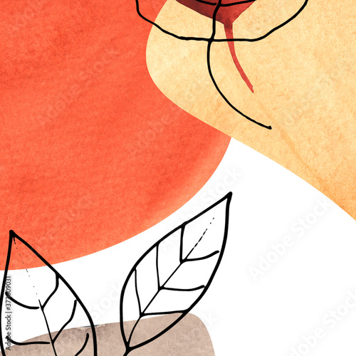 Botanische lijn en abstracte kunst social media sjabloon met zwarte silhouetten van planten en kruiken en heldere herfst abstracte vlekken