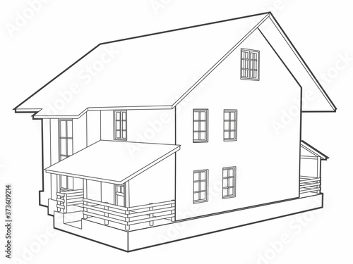 House is a cottage. Linear vector image. Building exterior
