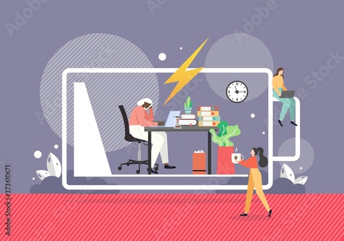 Woman giving cup of coffee to tired girl with low energy working on computer in office, flat vector illustration