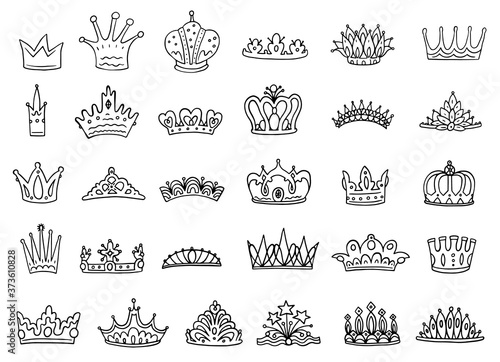 Set of royal jewelry crowns - black outline vector sketch illustration isolated.