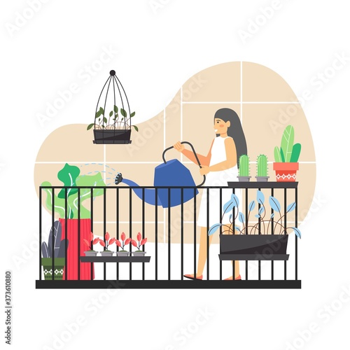 Balcony gardening. Young woman, gardener watering plants on balcony, flat vector illustration