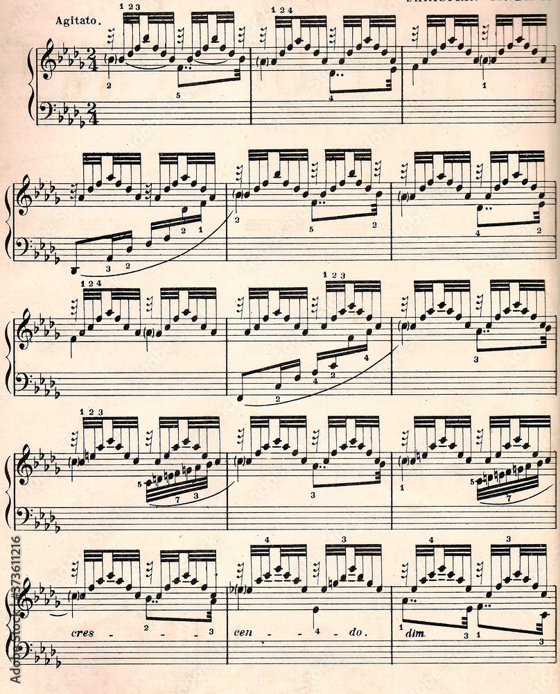 One page of vintage sheet music, full page macro.