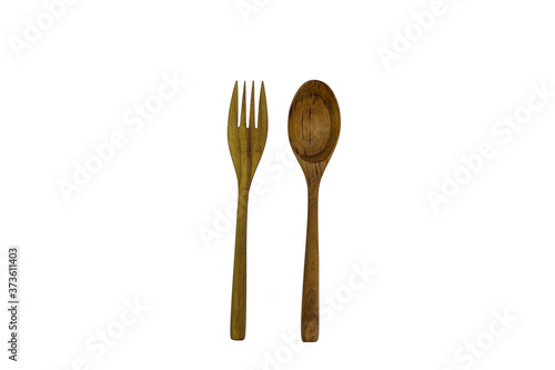 Wooden Teak Spoon and Fork isolated on white background top viwe