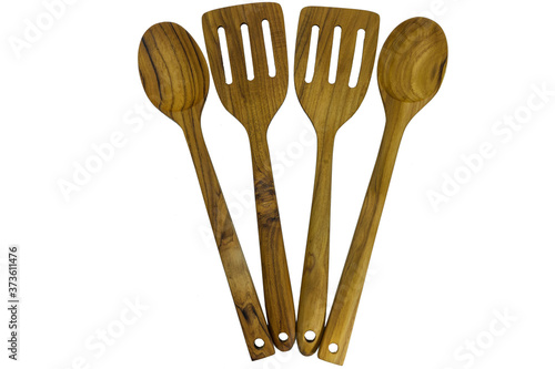 Wooden Teak Spatula and Spoon  isolated on white background topviwe