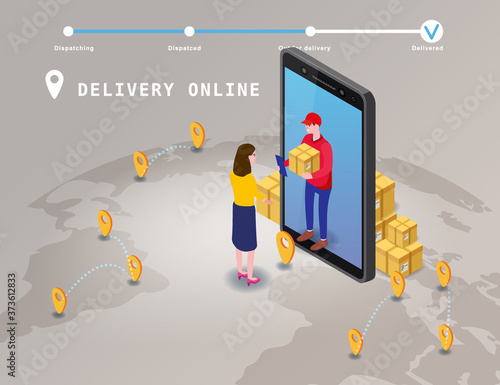 Delivery on Smartphone with online store, courier man delivers box parsel isometry