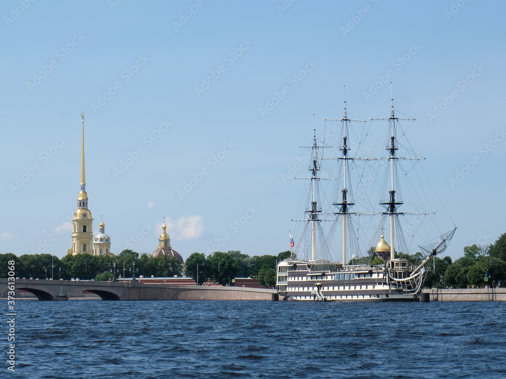 22 of July 2020 - St.Petersburg, Russia: Peter-Pavel's Fortress and vintage sailing ship in Sankt Petersburg
