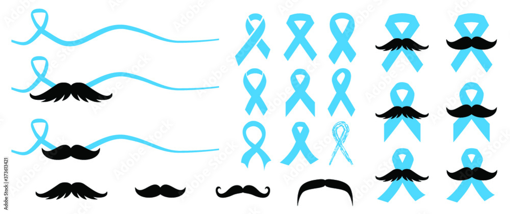Naklejka premium Slogan No shave or shaving moustache, mustache or beard men face. Men's Day. Awareness blue ribbon, medical symbol for psa prostate cancer month in november. Vector best quote signs