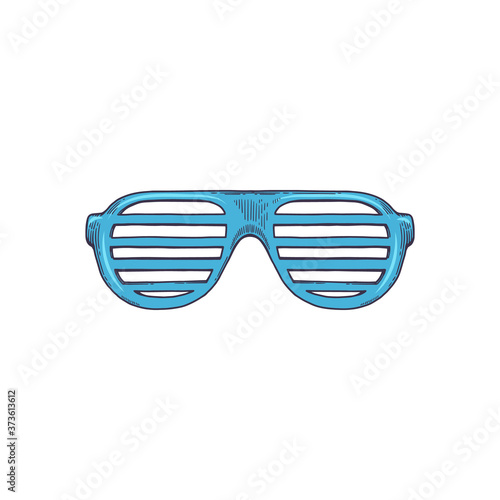 Blue striped plastic sunglasses without lens isolated on white background