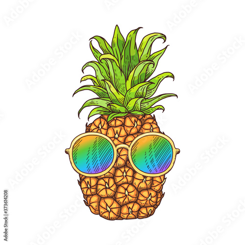 Doodle pineapple or ananas fruit icon in sunglasses vector illustration isolated.