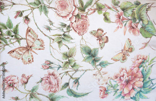Butterfly and flower pattern hand drawn on silk