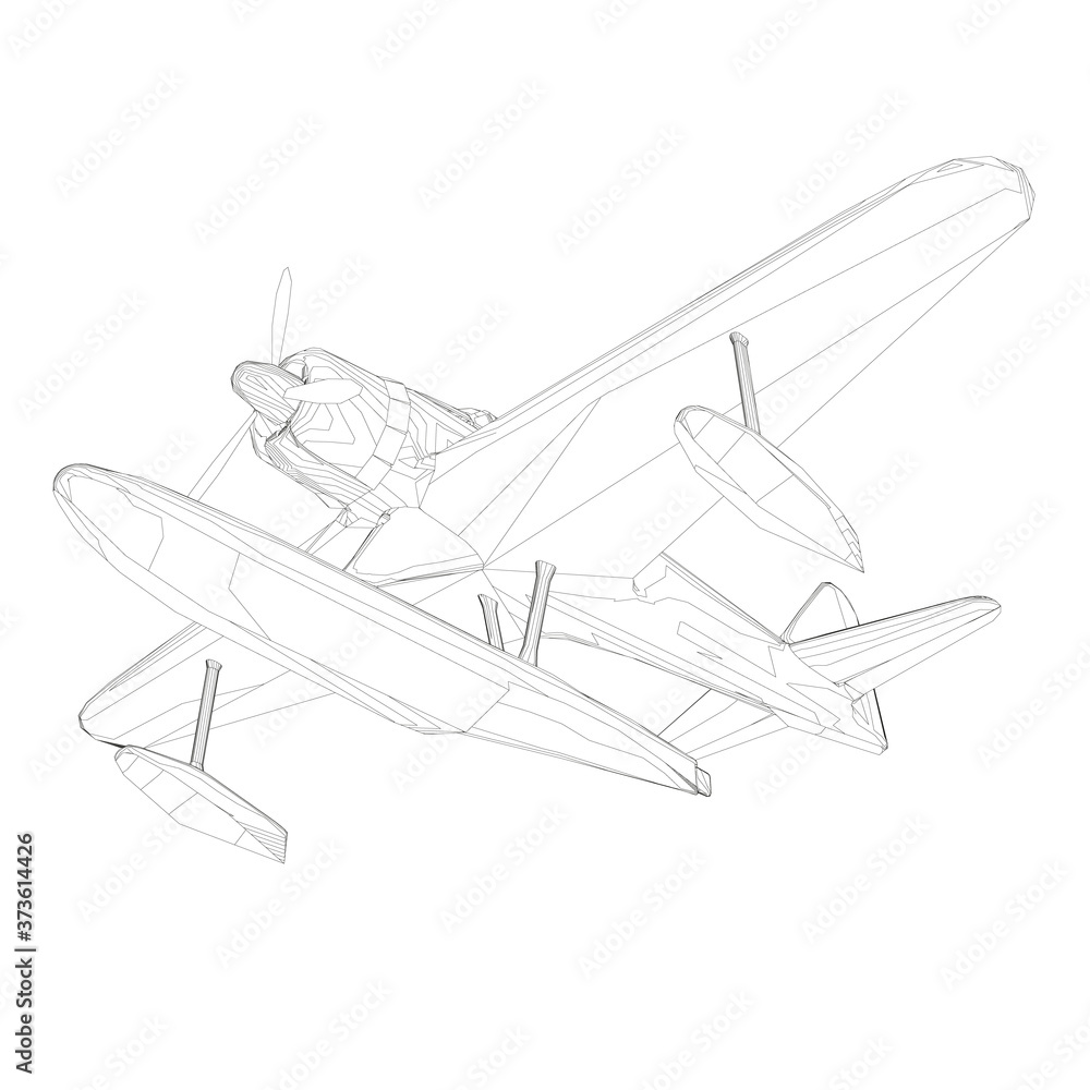 Wireframe of an old plane for landing and taking off from the water. Bottom view. 3D. Vector illustration Wireframe of an old plane for landing and taking off from the water. Bottom view. 3D. Vector illustration