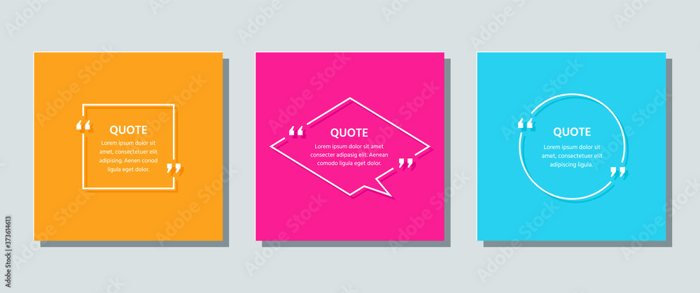 Quote frame template. Quotations text box. Vector. White info comments and messages in textboxes on color background. Set of speech bubbles. Cards with phrases in brackets. Colorful illustration. - obrazy, fototapety, plakaty 