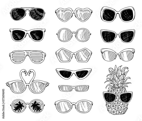Black and white tropical sunglasses drawing set isolated on white background