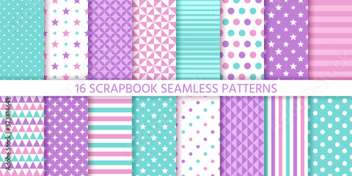 Scrapbook pattern. Vector. Seamless background. Cute textures with polka dot, stripes, stars, circles and triangles. Set chic packing paper. Trendy print for scrap design. Modern Color illustration.