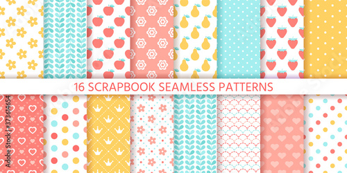 Scrapbook seamless pattern. Vector. Cute backgrounds. Set textures with polka dots, flowers, fruits, hearts and leaves. Retro prints. Pastel colors illustration. Trendy packing papers. Chic backdrops.