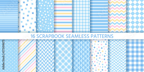 Scrapbook seamless pattern. Baby boy backgrounds. Vector. Set textures with star, polka dots, stripes, zigzag and plaid. Cute retro prints. Pastel blue illustration. Trendy packing papers.