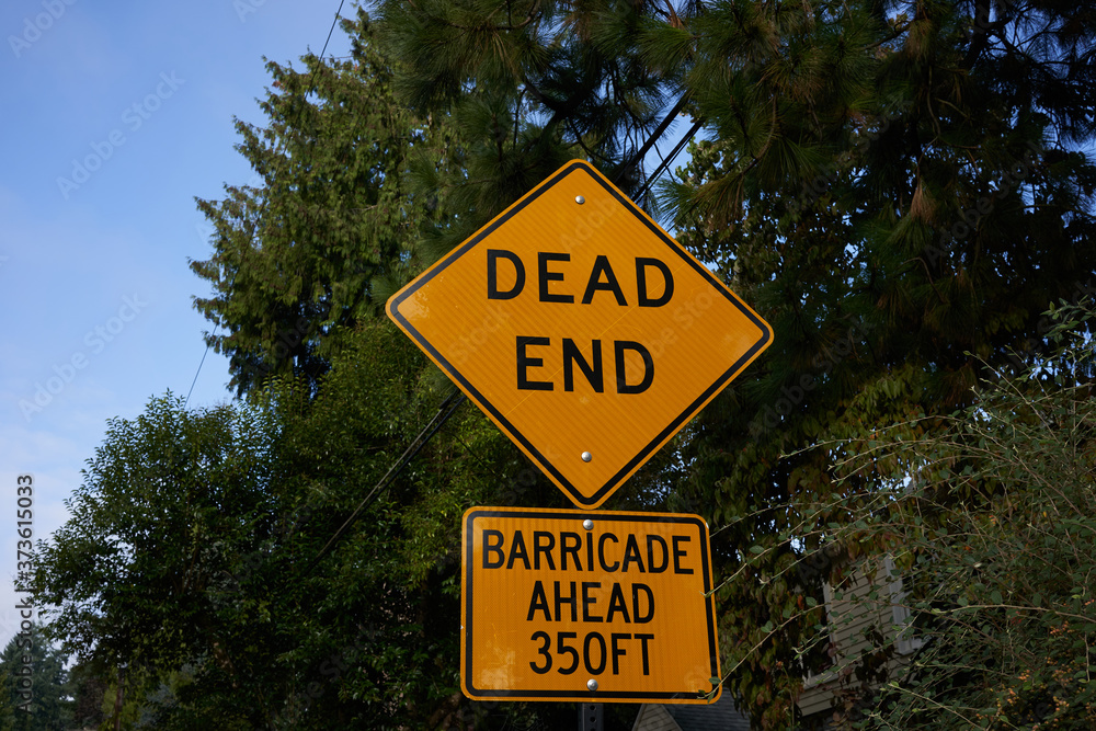 Dead end and barricade ahead signs on a neighborhood street.