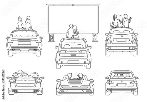 Open air cinema in city parking, sketch vector black line illustration isolated.