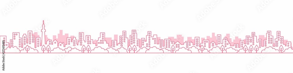 City View Line  A3見開きレイアウトにちょうどいい線画の都市風景の街並み　ピンク