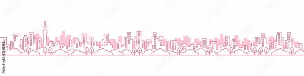 Obraz premium City View Line A3見開きレイアウトにちょうどいい線画の都市風景の街並み ピンク