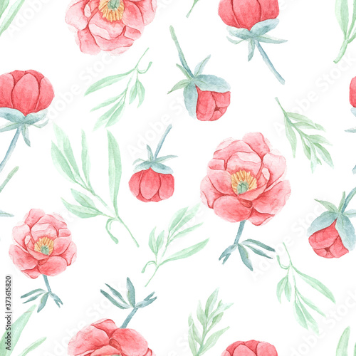 watercolor hand draw red peony seamless pattern isolated on white background for fabric or paper