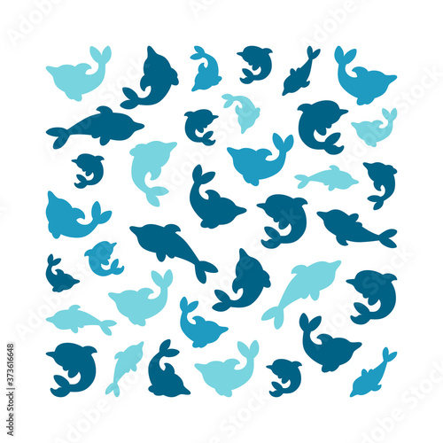 Square pattern with silhouettes of dolphins. Set of blue dolphins isolated in white background. Vector illustration
